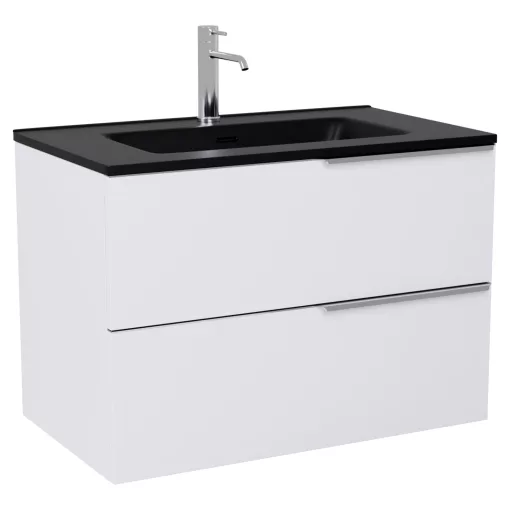 HD Cremona Matt White 60 komplett fürdőszoba bútor szett fali mosdószekrénnyel, fényes króm fogantyúkkal, matt fekete slim mosdóval, tükörrel és magasszekrénnyel