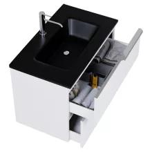 HD Cremona Matt White 60 komplett fürdőszoba bútor szett fali mosdószekrénnyel, fényes króm fogantyúkkal, matt fekete slim mosdóval, tükörrel és magasszekrénnyel