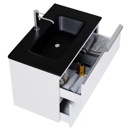 HD Cremona Matt White 60 komplett fürdőszoba bútor szett fali mosdószekrénnyel, fényes króm fogantyúkkal, matt fekete slim mosdóval, tükörrel és magasszekrénnyel