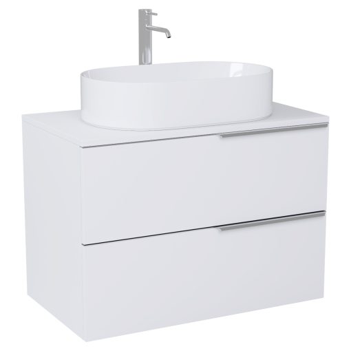 HD Carona Matt White 60 komplett fürdőszoba bútor fali mosdószekrénnyel, fényes króm fogantyúkkal, matt fehér mosdópulttal és tükörrel