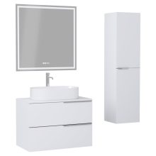 HD Carona Matt White 60 komplett fürdőszoba bútor szett fali mosdószekrénnyel, fényes króm fogantyúkkal, matt fehér mosdópulttal, tükörrel és magasszekrénnyel