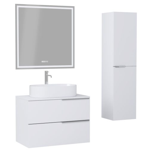 HD Carona Matt White 60 komplett fürdőszoba bútor szett fali mosdószekrénnyel, fényes króm fogantyúkkal, matt fehér mosdópulttal, tükörrel és magasszekrénnyel