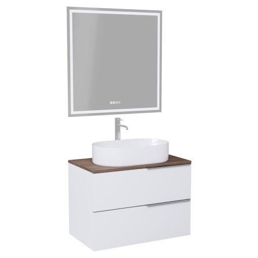 HD Carona Matt White 60 komplett fürdőszoba bútor fali mosdószekrénnyel, fényes króm fogantyúkkal, tölgyfa színű mosdópulttal és tükörrel