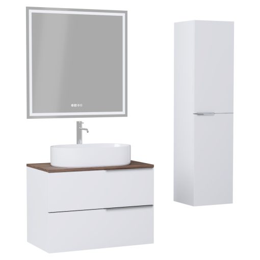 HD Carona Matt White 60 komplett fürdőszoba bútor szett fali mosdószekrénnyel, fényes króm fogantyúkkal, tölgyfa színű mosdópulttal, tükörrel és magasszekrénnyel