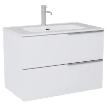 HD Cremona Matt White 60 komplett fürdőszoba bútor szett fali mosdószekrénnyel, szálcsiszolt króm fogantyúkkal, fényes fehér slim mosdóval, tükörrel és magasszekrénnyel