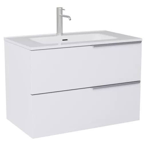 HD Cremona Matt White 60 komplett fürdőszoba bútor szett fali mosdószekrénnyel, szálcsiszolt króm fogantyúkkal, fényes fehér slim mosdóval, tükörrel és magasszekrénnyel