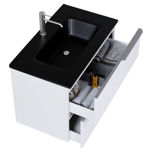 HD Cremona Matt White 60 fali mosdószekrény szálcsiszolt króm fogantyúkkal és matt fekete slim mosdóval