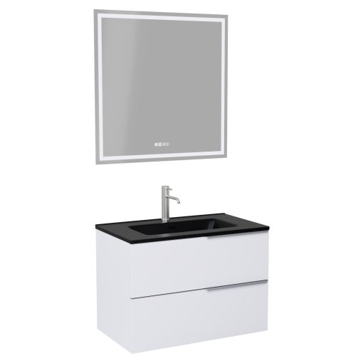 HD Cremona Matt White 60 komplett fürdőszoba bútor fali mosdószekrénnyel, szálcsiszolt króm fogantyúkkal, matt fekete slim mosdóval és tükörrel