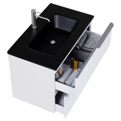 HD Cremona Matt White 60 komplett fürdőszoba bútor fali mosdószekrénnyel, szálcsiszolt króm fogantyúkkal, matt fekete slim mosdóval és tükörrel