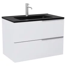 HD Cremona Matt White 60 komplett fürdőszoba bútor szett fali mosdószekrénnyel, szálcsiszolt króm fogantyúkkal, matt fekete slim mosdóval, tükörrel és magasszekrénnyel