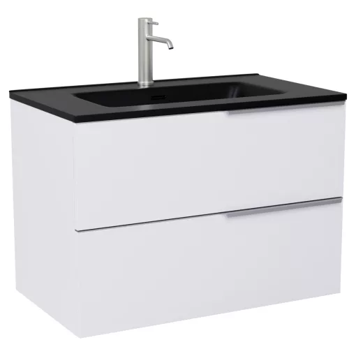 HD Cremona Matt White 60 komplett fürdőszoba bútor szett fali mosdószekrénnyel, szálcsiszolt króm fogantyúkkal, matt fekete slim mosdóval, tükörrel és magasszekrénnyel