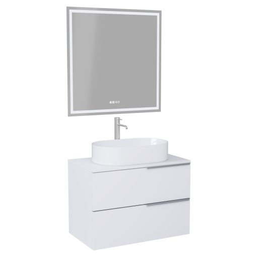 HD Carona Matt White 60 komplett fürdőszoba bútor fali mosdószekrénnyel, szálcsiszolt króm fogantyúkkal, matt fehér mosdópulttal és tükörrel