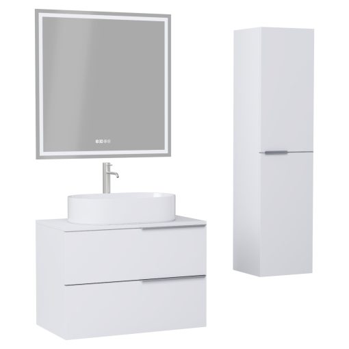 HD Carona Matt White 60 komplett fürdőszoba bútor szett fali mosdószekrénnyel, szálcsiszolt króm fogantyúkkal, matt fehér mosdópulttal, tükörrel és magasszekrénnyel