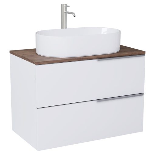 HD Carona Matt White 60 komplett fürdőszoba bútor szett fali mosdószekrénnyel, szálcsiszolt króm fogantyúkkal, tölgyfa színű mosdópulttal, tükörrel és magasszekrénnyel