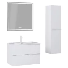 HD Cremona Matt White 60 komplett fürdőszoba bútor szett fali mosdószekrénnyel, matt fehér fogantyúkkal, fényes fehér slim mosdóval, tükörrel és magasszekrénnyel