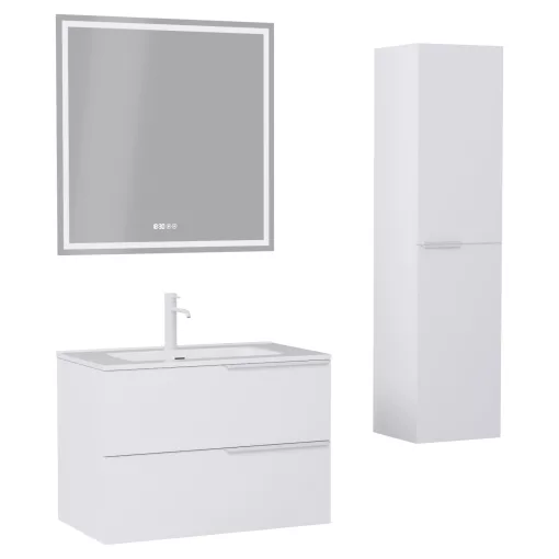 HD Cremona Matt White 60 komplett fürdőszoba bútor szett fali mosdószekrénnyel, matt fehér fogantyúkkal, fényes fehér slim mosdóval, tükörrel és magasszekrénnyel