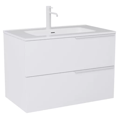 HD Cremona Matt White 60 komplett fürdőszoba bútor szett fali mosdószekrénnyel, matt fehér fogantyúkkal, fényes fehér slim mosdóval, tükörrel és magasszekrénnyel