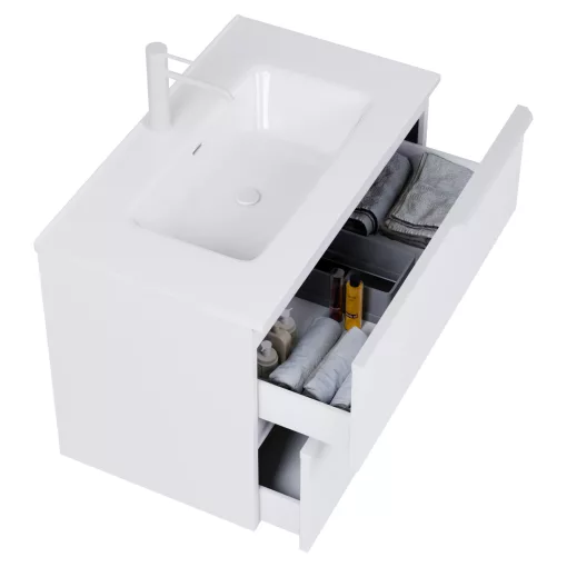 HD Cremona Matt White 60 komplett fürdőszoba bútor szett fali mosdószekrénnyel, matt fehér fogantyúkkal, fényes fehér slim mosdóval, tükörrel és magasszekrénnyel