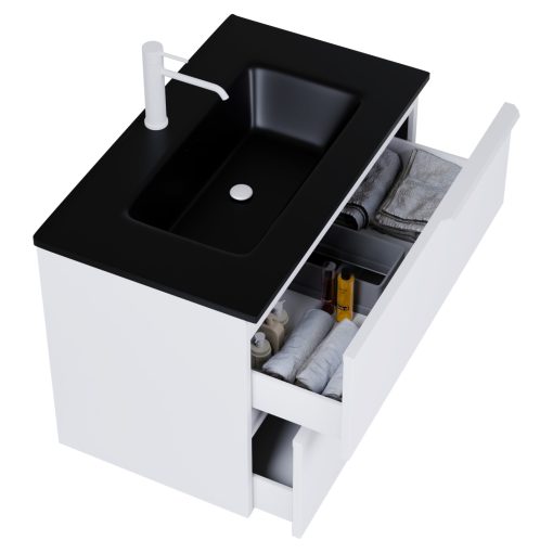 HD Cremona Matt White 60 fali mosdószekrény matt fehér fogantyúkkal és matt fekete slim mosdóval