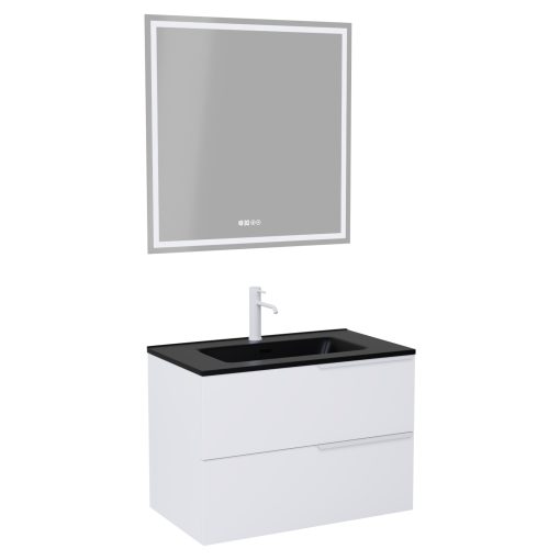 HD Cremona Matt White 60 komplett fürdőszoba bútor fali mosdószekrénnyel, matt fehér fogantyúkkal, matt fekete slim mosdóval és tükörrel