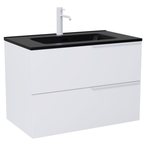 HD Cremona Matt White 60 komplett fürdőszoba bútor fali mosdószekrénnyel, matt fehér fogantyúkkal, matt fekete slim mosdóval és tükörrel