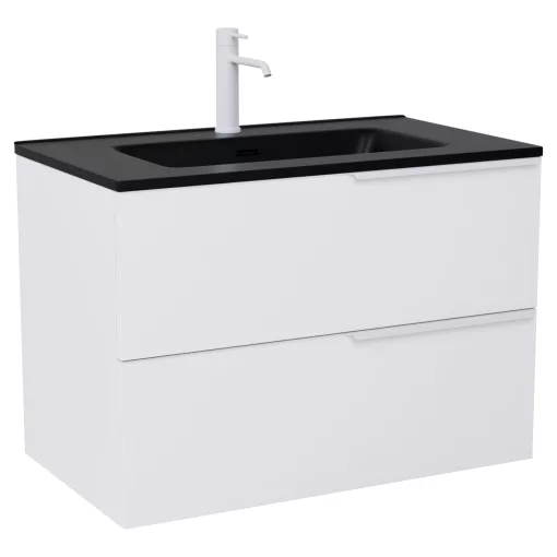 HD Cremona Matt White 60 komplett fürdőszoba bútor szett fali mosdószekrénnyel, matt fehér fogantyúkkal, matt fekete slim mosdóval, tükörrel és magasszekrénnyel