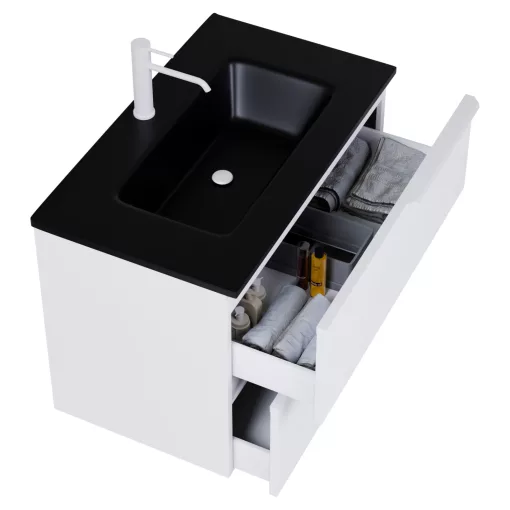 HD Cremona Matt White 60 komplett fürdőszoba bútor szett fali mosdószekrénnyel, matt fehér fogantyúkkal, matt fekete slim mosdóval, tükörrel és magasszekrénnyel