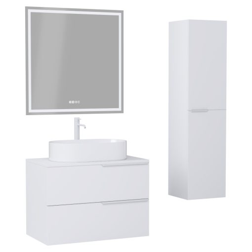 HD Carona Matt White 60 komplett fürdőszoba bútor szett fali mosdószekrénnyel, matt fehér fogantyúkkal, matt fehér mosdópulttal, tükörrel és magasszekrénnyel