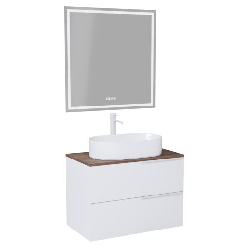 HD Carona Matt White 60 komplett fürdőszoba bútor fali mosdószekrénnyel, matt fehér fogantyúkkal, tölgyfa színű mosdópulttal és tükörrel