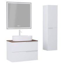 HD Carona Matt White 60 komplett fürdőszoba bútor szett fali mosdószekrénnyel, matt fehér fogantyúkkal, tölgyfa színű mosdópulttal, tükörrel és magasszekrénnyel