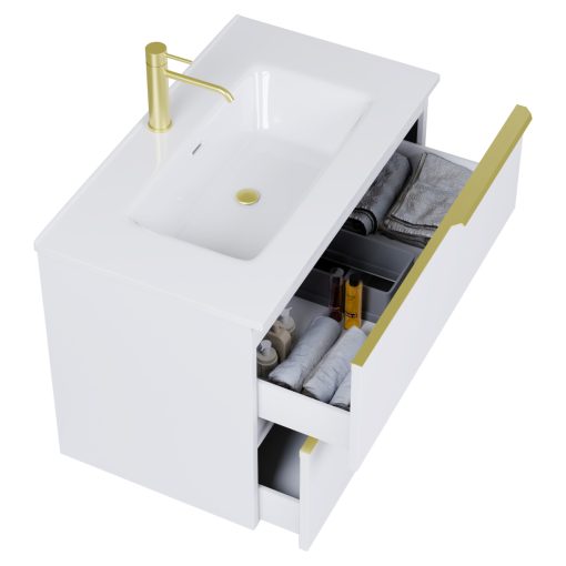 HD Cremona Matt White 60 fali mosdószekrény szálcsiszolt arany fogantyúkkal és fényes fehér slim mosdóval