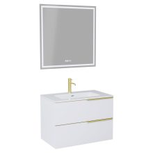 HD Cremona Matt White 60 komplett fürdőszoba bútor fali mosdószekrénnyel, szálcsiszolt arany fogantyúkkal, fényes fehér slim mosdóval és tükörrel
