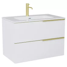 HD Cremona Matt White 60 komplett fürdőszoba bútor szett fali mosdószekrénnyel, szálcsiszolt arany fogantyúkkal, fényes fehér slim mosdóval, tükörrel és magasszekrénnyel