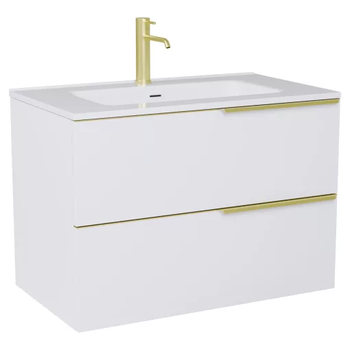 HD Cremona Matt White 60 komplett fürdőszoba bútor szett fali mosdószekrénnyel, szálcsiszolt arany fogantyúkkal, fényes fehér slim mosdóval, tükörrel és magasszekrénnyel