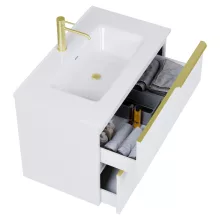 HD Cremona Matt White 60 komplett fürdőszoba bútor szett fali mosdószekrénnyel, szálcsiszolt arany fogantyúkkal, fényes fehér slim mosdóval, tükörrel és magasszekrénnyel