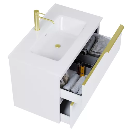 HD Cremona Matt White 60 komplett fürdőszoba bútor szett fali mosdószekrénnyel, szálcsiszolt arany fogantyúkkal, fényes fehér slim mosdóval, tükörrel és magasszekrénnyel