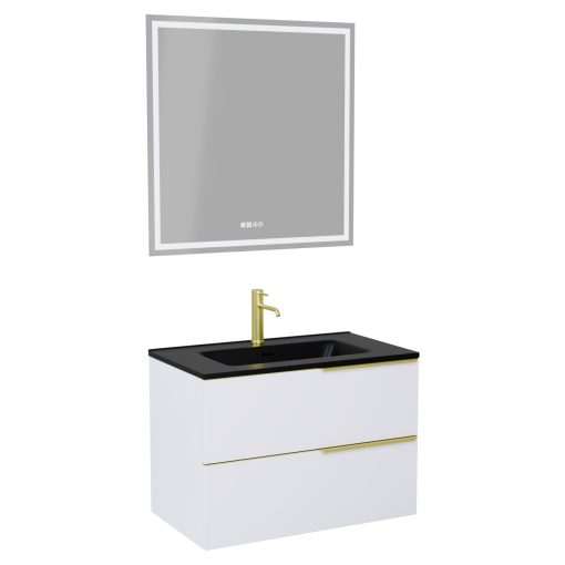 HD Cremona Matt White 60 komplett fürdőszoba bútor fali mosdószekrénnyel, szálcsiszolt arany fogantyúkkal, matt fekete slim mosdóval és tükörrel