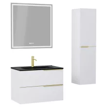 HD Cremona Matt White 60 komplett fürdőszoba bútor szett fali mosdószekrénnyel, szálcsiszolt arany fogantyúkkal, matt fekete slim mosdóval, tükörrel és magasszekrénnyel