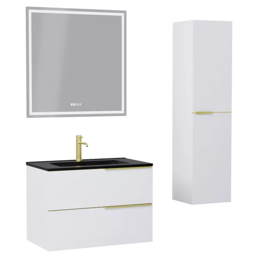 HD Cremona Matt White 60 komplett fürdőszoba bútor szett fali mosdószekrénnyel, szálcsiszolt arany fogantyúkkal, matt fekete slim mosdóval, tükörrel és magasszekrénnyel