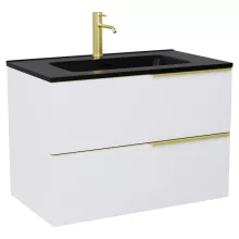 HD Cremona Matt White 60 komplett fürdőszoba bútor szett fali mosdószekrénnyel, szálcsiszolt arany fogantyúkkal, matt fekete slim mosdóval, tükörrel és magasszekrénnyel