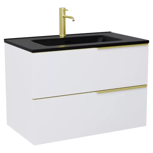 HD Cremona Matt White 60 komplett fürdőszoba bútor szett fali mosdószekrénnyel, szálcsiszolt arany fogantyúkkal, matt fekete slim mosdóval, tükörrel és magasszekrénnyel