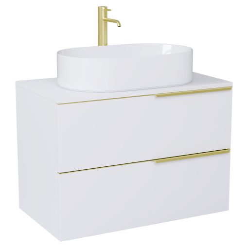 HD Carona Matt White 60 fali mosdószekrény matt fehér mosdópulttal és szálcsiszolt arany fogantyúkkal