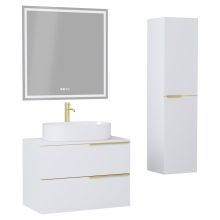 HD Carona Matt White 60 komplett fürdőszoba bútor szett fali mosdószekrénnyel, szálcsiszolt arany fogantyúkkal, matt fehér mosdópulttal, tükörrel és magasszekrénnyel