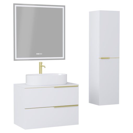 HD Carona Matt White 60 komplett fürdőszoba bútor szett fali mosdószekrénnyel, szálcsiszolt arany fogantyúkkal, matt fehér mosdópulttal, tükörrel és magasszekrénnyel