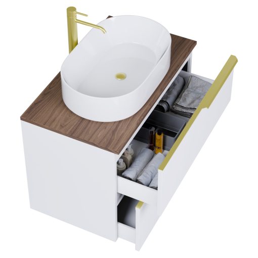 HD Carona Matt White 60 fali mosdószekrény tölgyfa színű mosdópulttal és szálcsiszolt arany fogantyúkkal