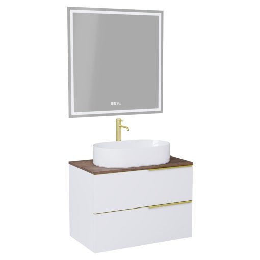 HD Carona Matt White 60 komplett fürdőszoba bútor fali mosdószekrénnyel, szálcsiszolt arany fogantyúkkal, tölgyfa színű mosdópulttal és tükörrel