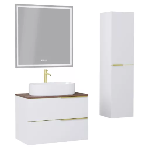 HD Carona Matt White 60 komplett fürdőszoba bútor szett fali mosdószekrénnyel, szálcsiszolt arany fogantyúkkal, tölgyfa színű mosdópulttal, tükörrel és magasszekrénnyel