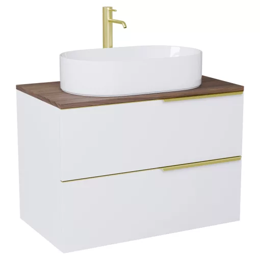 HD Carona Matt White 60 komplett fürdőszoba bútor szett fali mosdószekrénnyel, szálcsiszolt arany fogantyúkkal, tölgyfa színű mosdópulttal, tükörrel és magasszekrénnyel