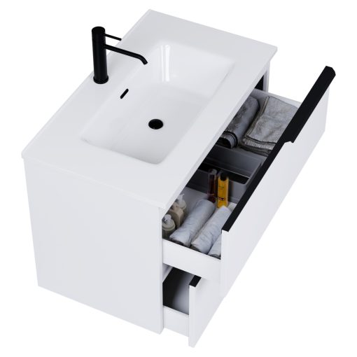 HD Cremona Matt White 60 fali mosdószekrény matt fekete fogantyúkkal és fényes fehér slim mosdóval