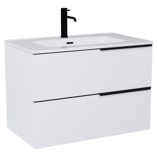 HD Cremona Matt White 60 komplett fürdőszoba bútor fali mosdószekrénnyel, matt fekete fogantyúkkal, fényes fehér slim mosdóval és tükörrel